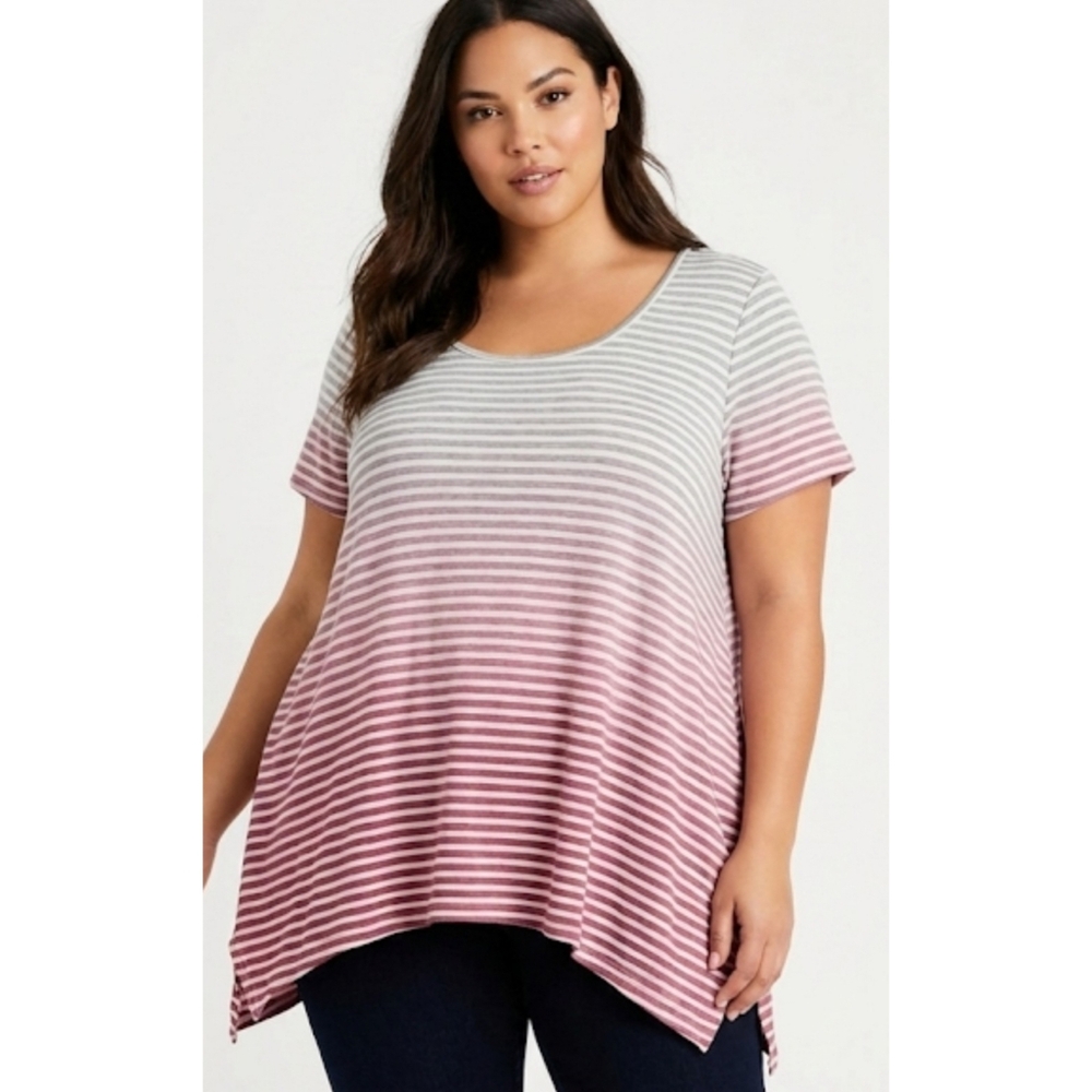 Hannah Striped Ombre Split shoulder Short sleeve tee Pink & Gray Size 1X